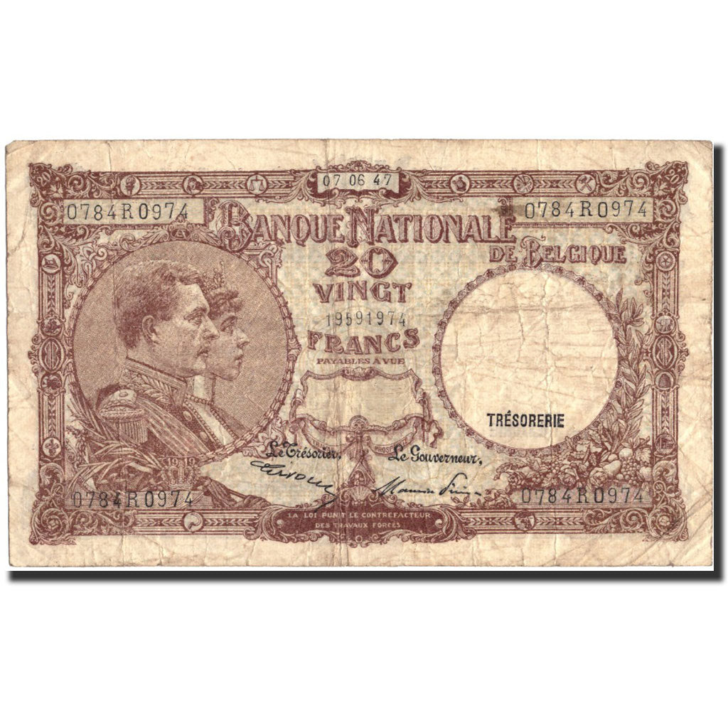 Billete, 20 Francs, 1947, Bélgica, KM:111, 1947-06-07, BC