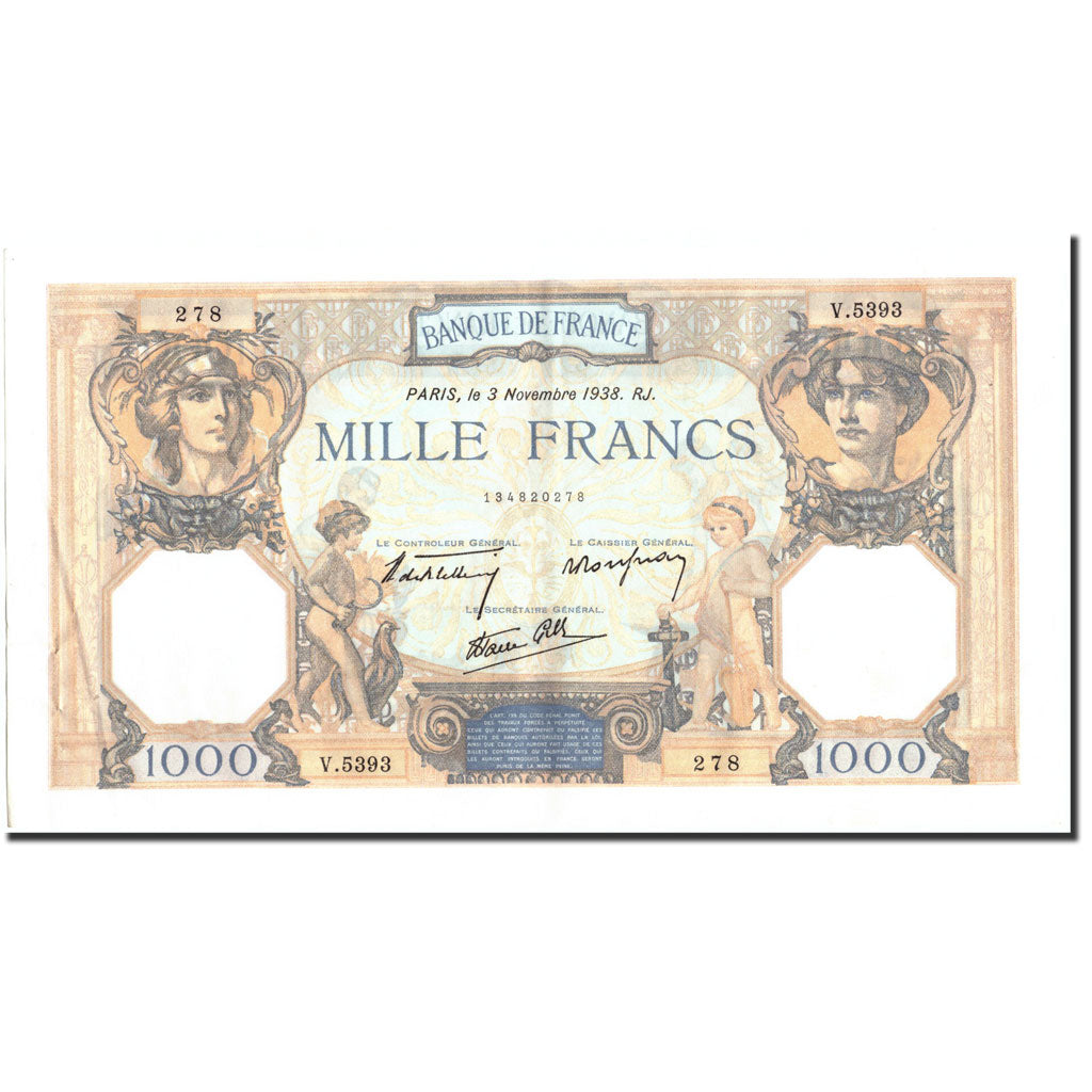 Billete, Francia, 1000 Francs, 1938, 1938-11-03, EBC+, Fayette:38.32, KM:90c