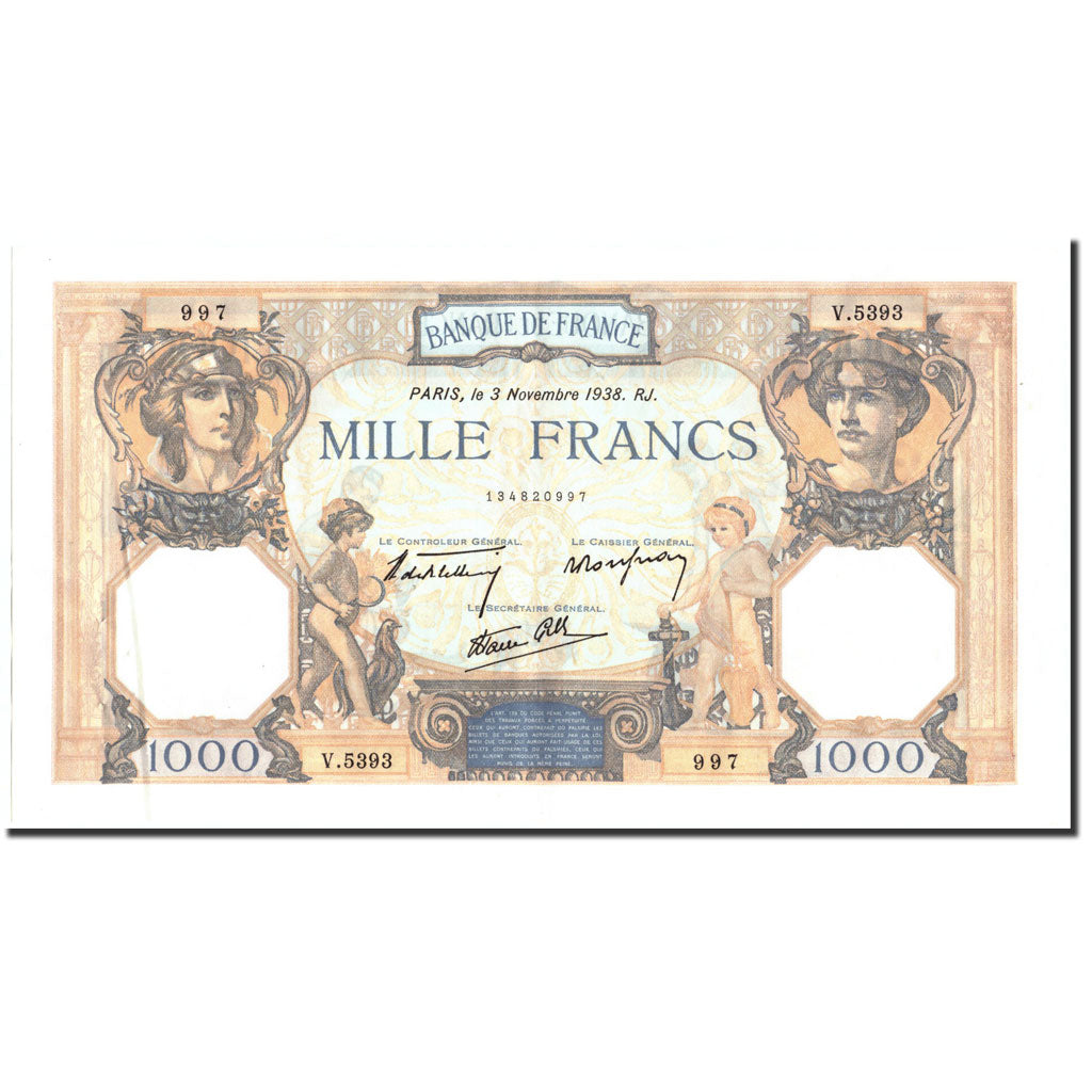Banconote, Francia, 1000 Francs, 1938, 1938-11-03, FDS, Fayette:38.32, KM:90c
