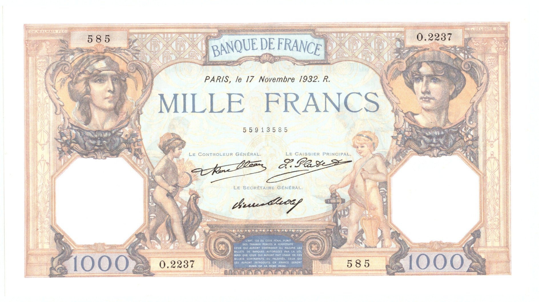 Geldschein, Frankreich, 1000 Francs, 1932, 1932-11-17, VZ, Fayette:37.7, KM:90c