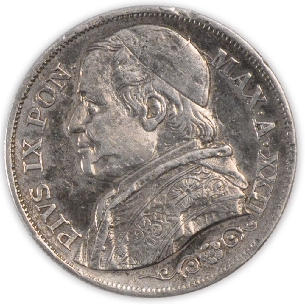 ITALIAN STATES, 2 Lire, 1867, Roma, KM #1379.2, AU(50-53), Silver, 9.93