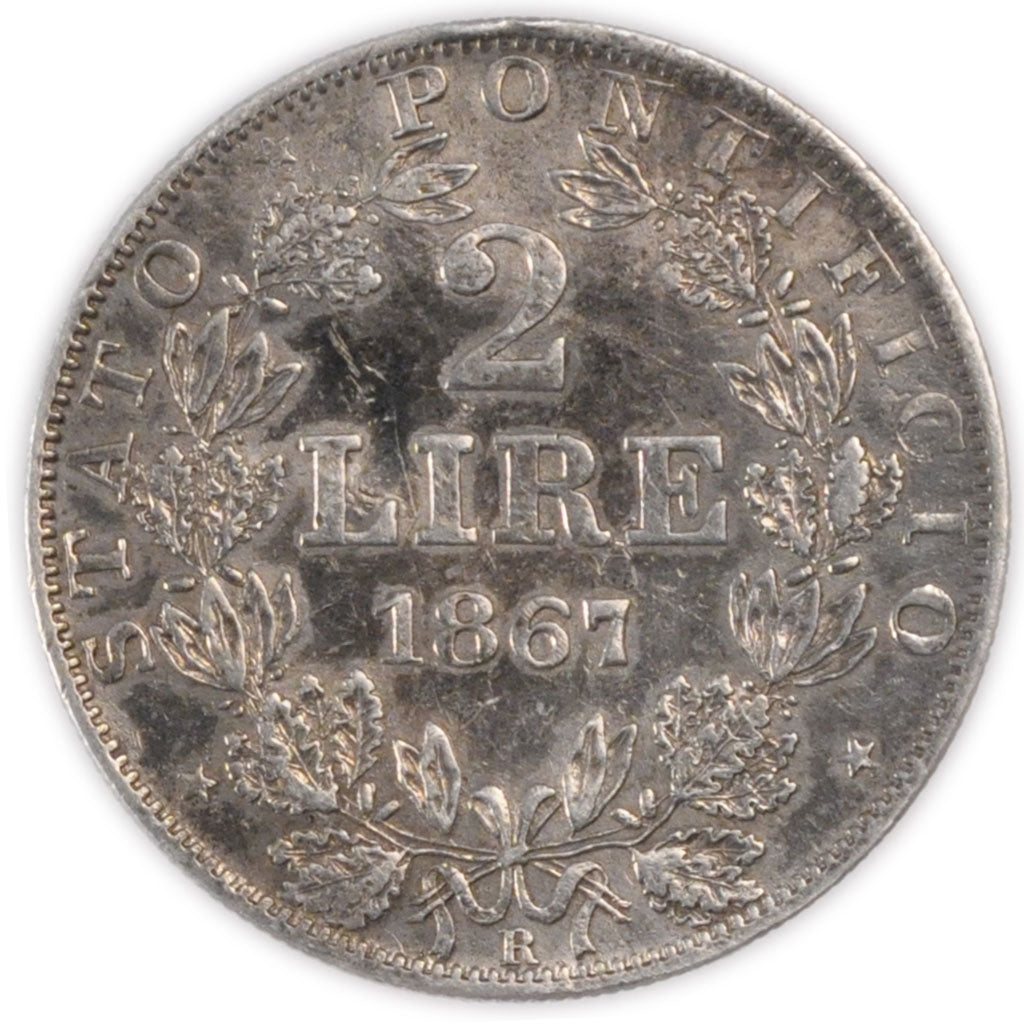 ITALIAN STATES, 2 Lire, 1867, Roma, KM #1379.2, AU(50-53), Silver, 9.93