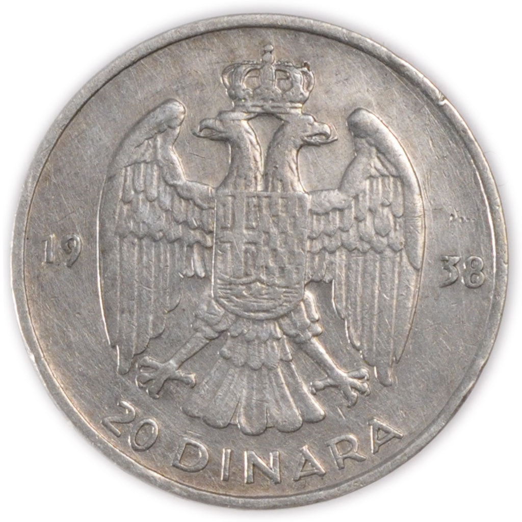 YUGOSLAVIA, 20 Dinara, 1938, KM #23, EF(40-45), Silver, 27, 9.02