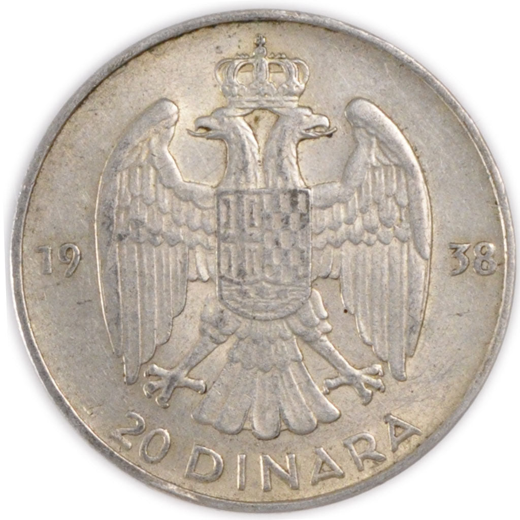 YUGOSLAVIA, 20 Dinara, 1938, KM #23, AU(55-58), Silver, 27, 8.98