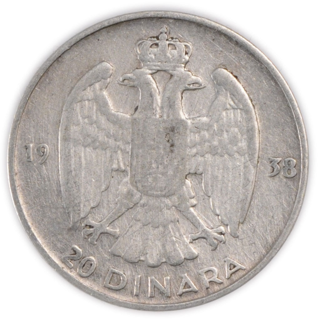 YUGOSLAVIA, 20 Dinara, 1938, KM #23, EF(40-45), Silver, 27, 8.88
