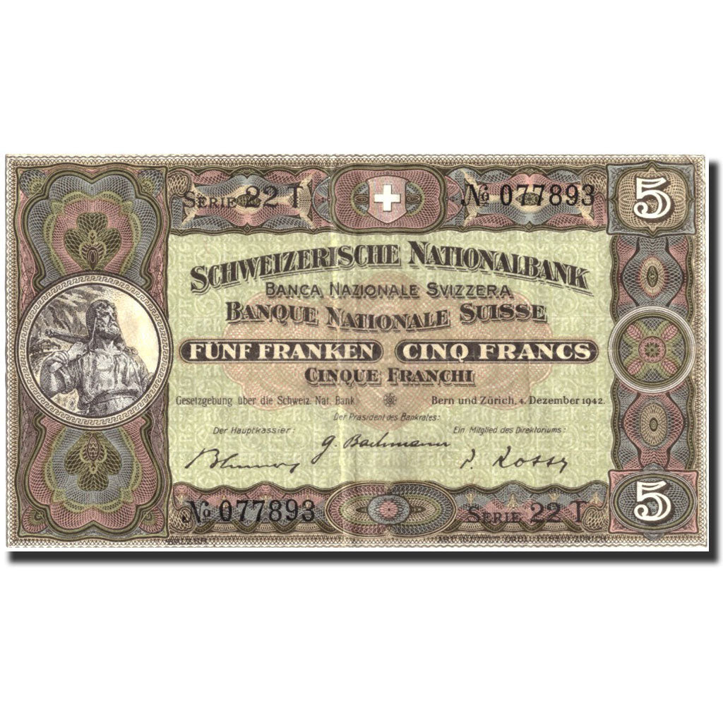 Geldschein, Schweiz, 5 Franken, 1942, 1942-12-04, KM:11j, SS+