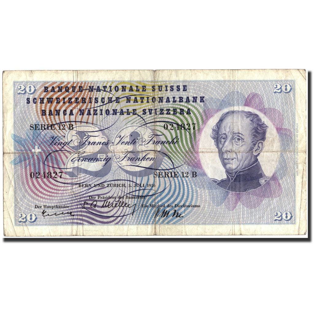 Geldschein, Schweiz, 20 Franken, 1956, 1956-07-05, KM:46d, SGE+