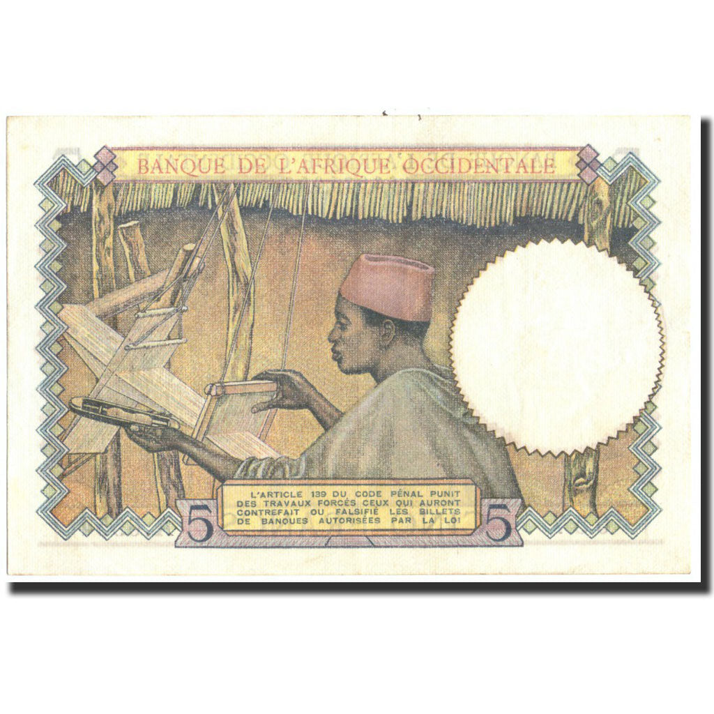 Banknote, French West Africa, 5 Francs, 1939, 1939-04-27, KM:21, UNC(60-62)