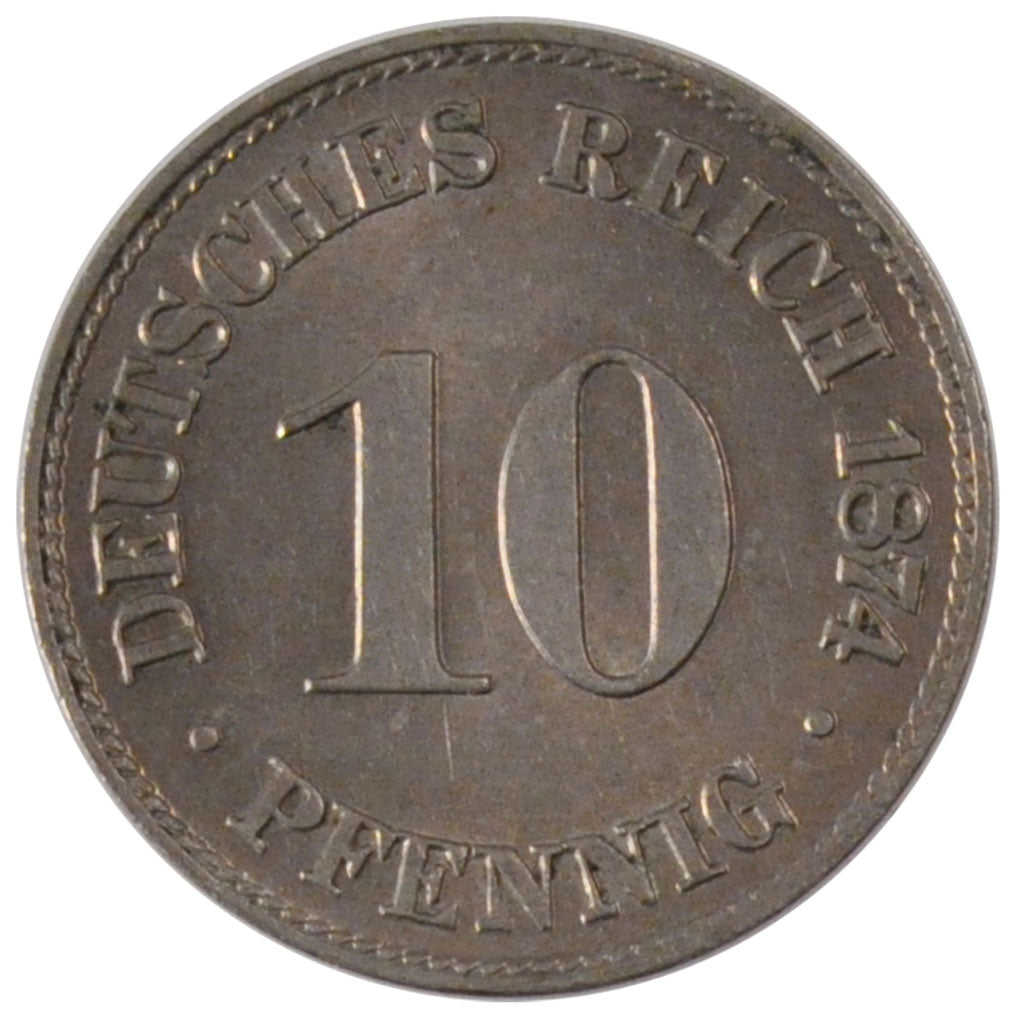GERMANY - EMPIRE, 10 Pfennig, 1874, Frankfurt, KM #4, MS(60-62), Copper-Nickel,.