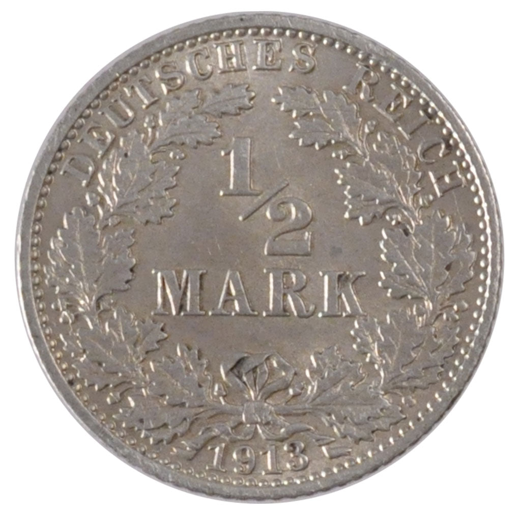 Coin, GERMANY - EMPIRE, 1/2 Mark, 1913, Hambourg, AU(55-58), Silver, KM:17