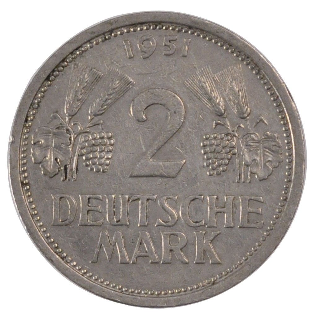 GERMANY - FEDERAL REPUBLIC, 2 Mark, 1951, Hambourg, KM #111, EF(40-45),...