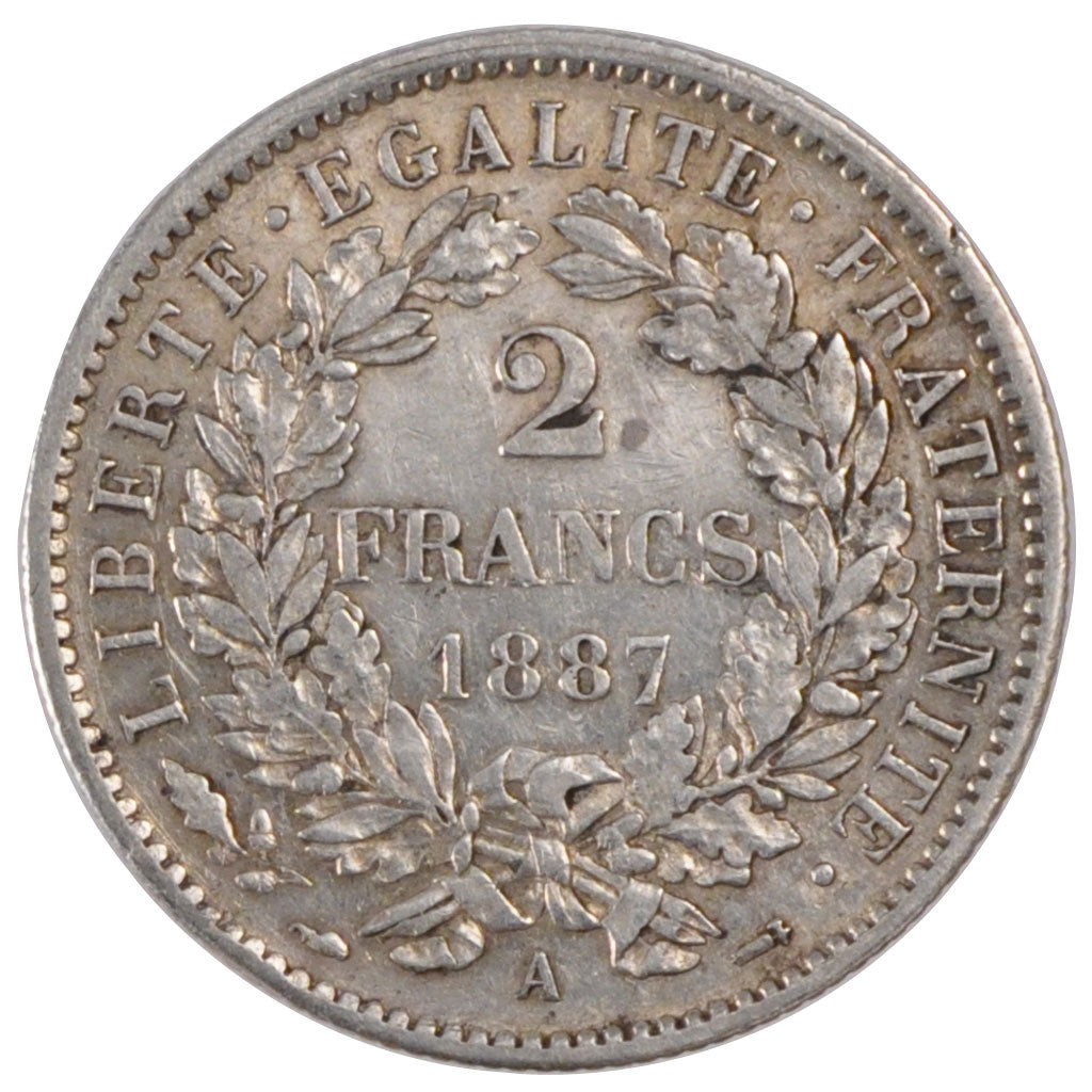 FRANCE, Cérès, 2 Francs, 1887, Paris, KM #817.1, AU(50-53), Silver, 27, Gadoury 