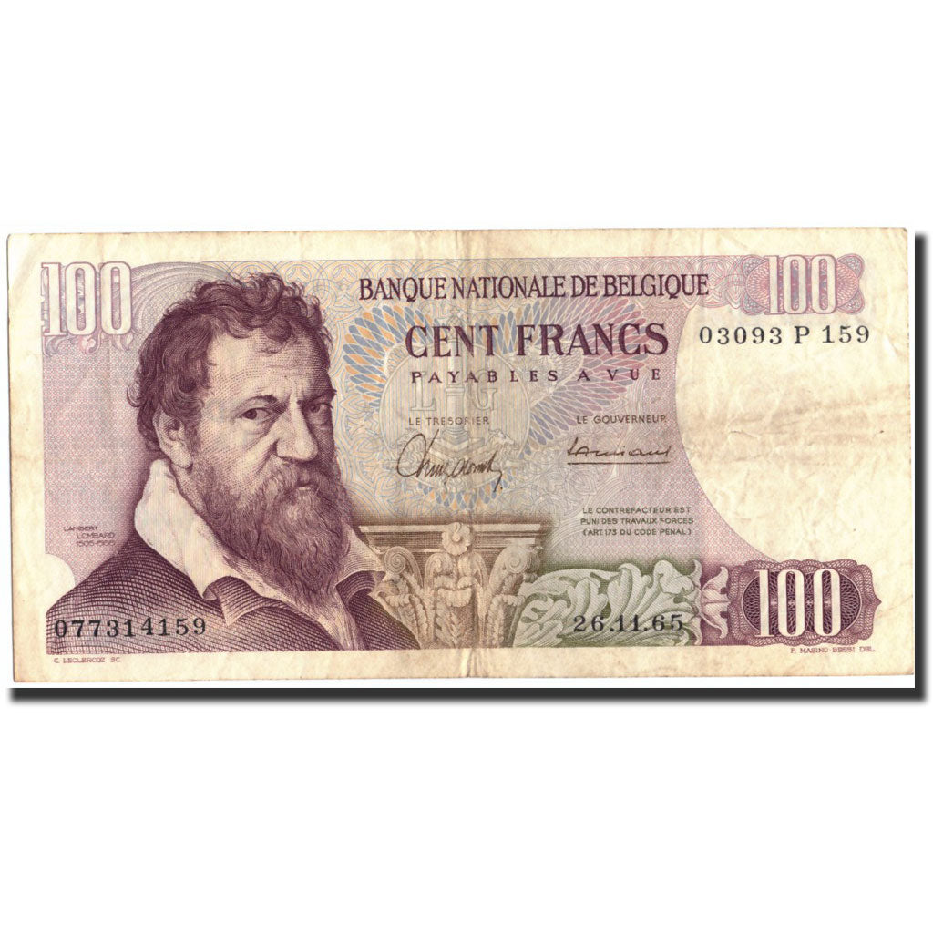 Banconote, Belgio, 100 Francs, 1965, KM:134a, 1965-11-26, BB+