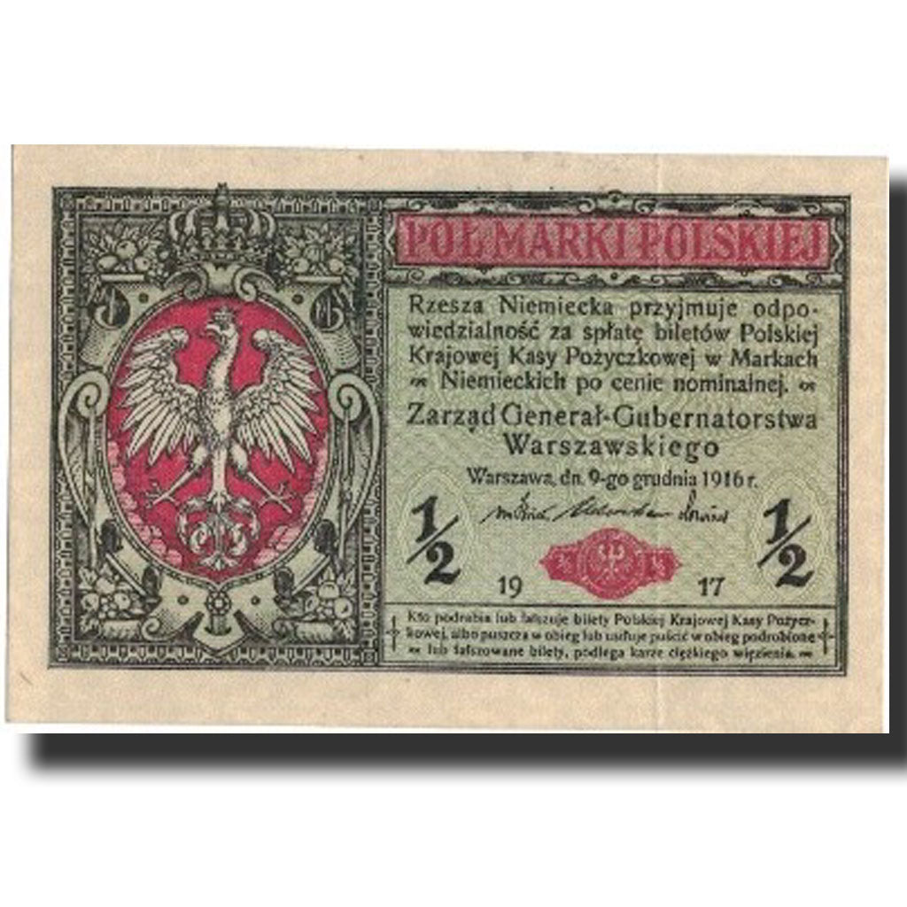 Poland, 1/2 Marki, 1917, 1917, KM:7, AU(50-53)