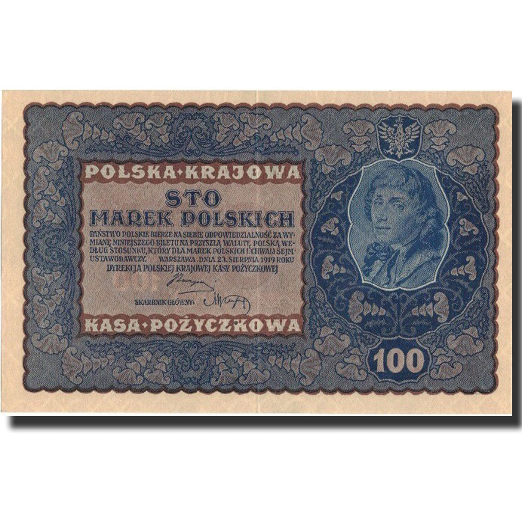 Banknote, Poland, 100 Marek, 1919, 1919-08-23, KM:27, AU(55-58)