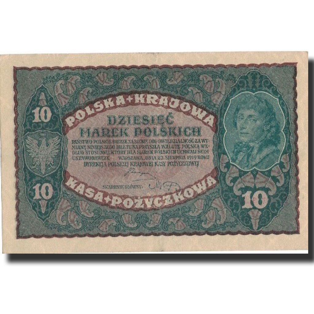 Banknote, Poland, 10 Marek, 1919, 1919-08-23, KM:25, AU(55-58)