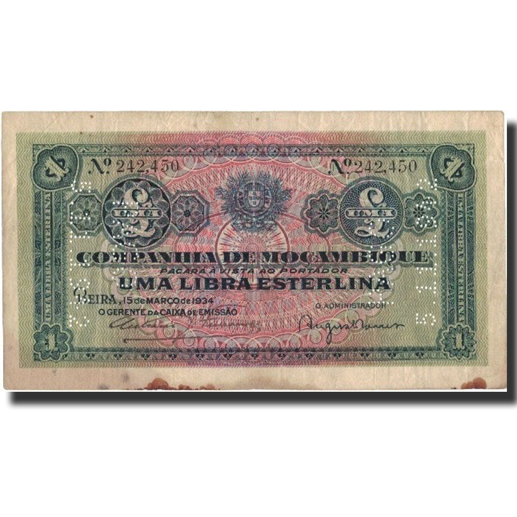 Banknote, Mozambique, 1 Libra, 1934, 1934-03-15, KM:R31, VF(20-25)