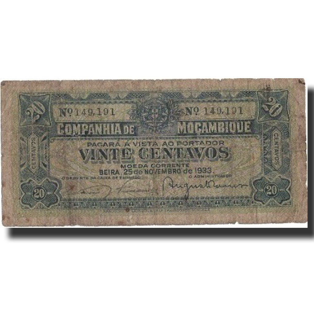 Mozambique, 20 Centavos, 1933, 1933-11-25, KM:R29, VG(8-10)