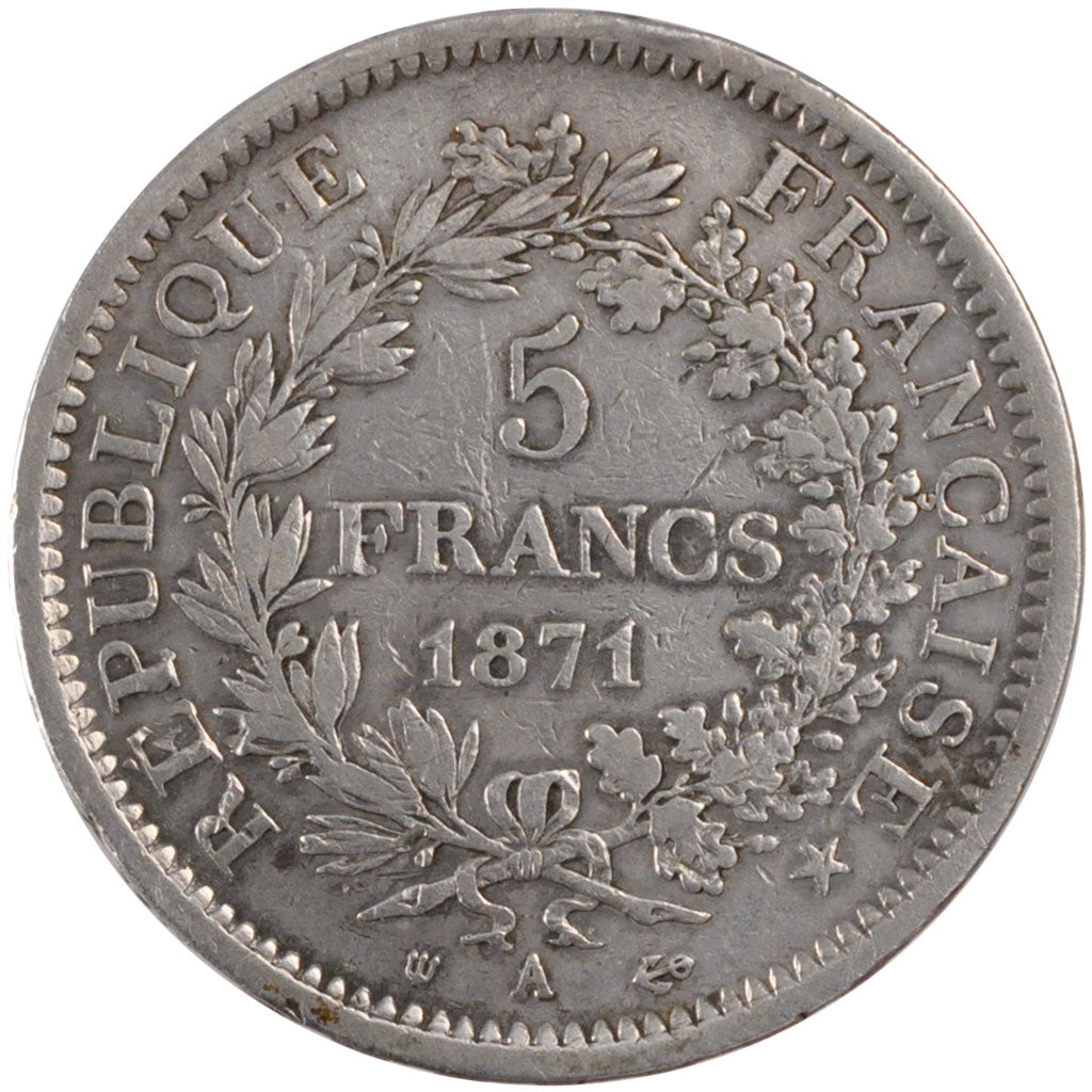 FRANCE, Hercule, 5 Francs, 1871, Paris, KM #823, EF(40-45), Silver, Gadoury...