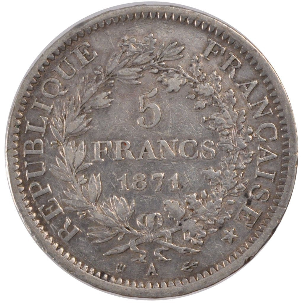 FRANCE, Hercule, 5 Francs, 1871, Paris, KM #823, EF(40-45), Silver, Gadoury...