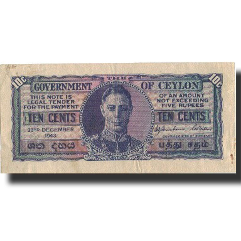Ceylon, 10 Cents, 1943, 1943-12-23, KM:43b, VF(20-25)
