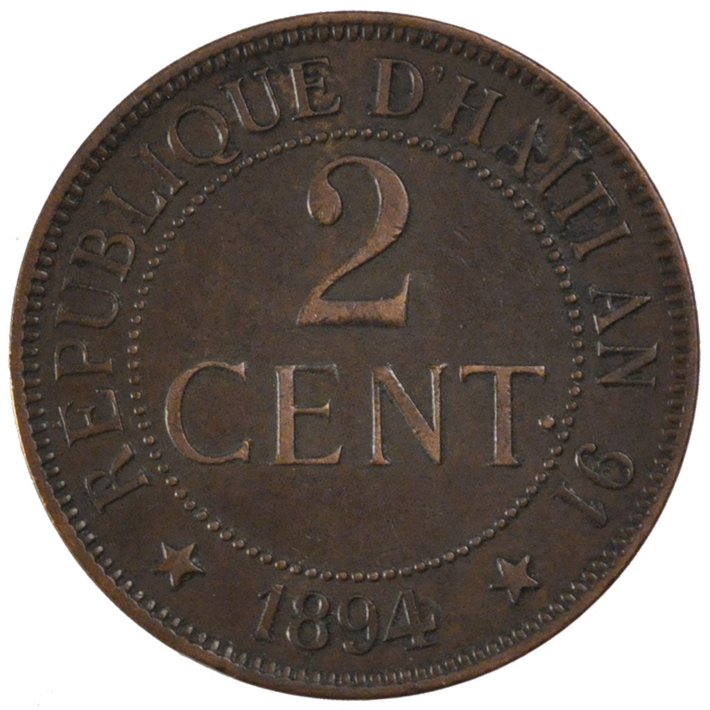 HAITI, 2 Centimes, 1894, Paris, KM #49, AU(50-53), Bronze, 9.96
