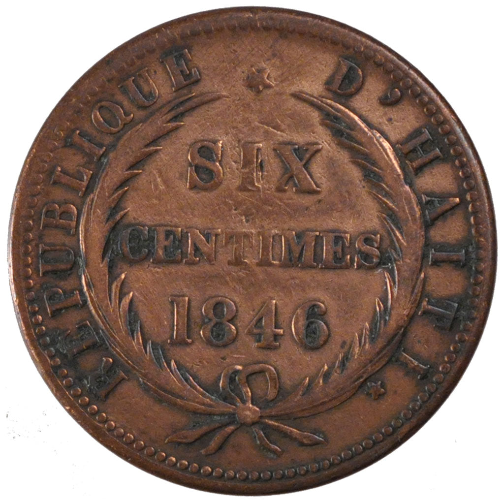 HAITI, 6 Centimes, 1846, KM #28, EF(40-45), Copper, 16.54