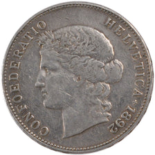 Coin, Switzerland, 5 Francs, 1892, Bern, VF(30-35), Silver, KM:34