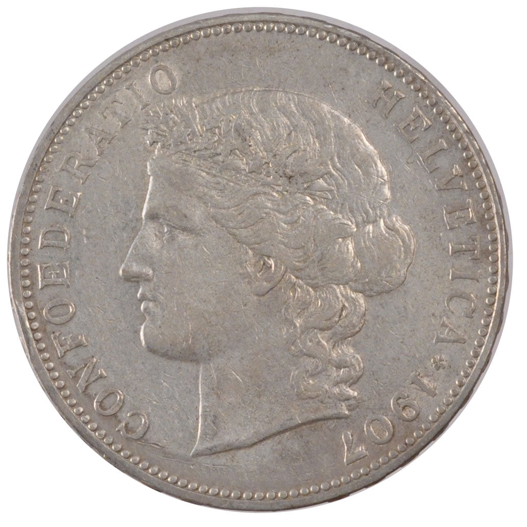 SWITZERLAND, 5 Francs, 1907, Bern, KM #34, EF(40-45), Silver, 37, 25.00