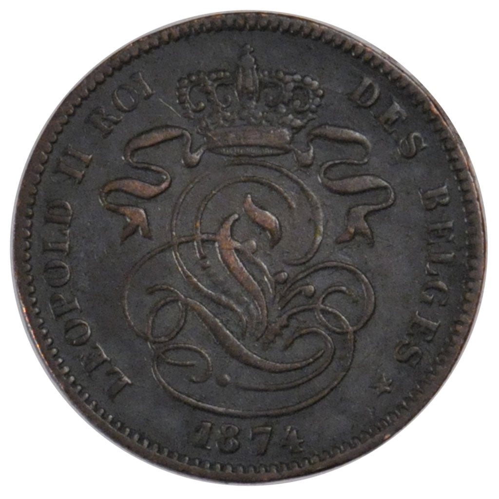 BELGIUM, 2 Centimes, 1874, KM #35.1, AU(55-58), Copper, 21.5, 3.94
