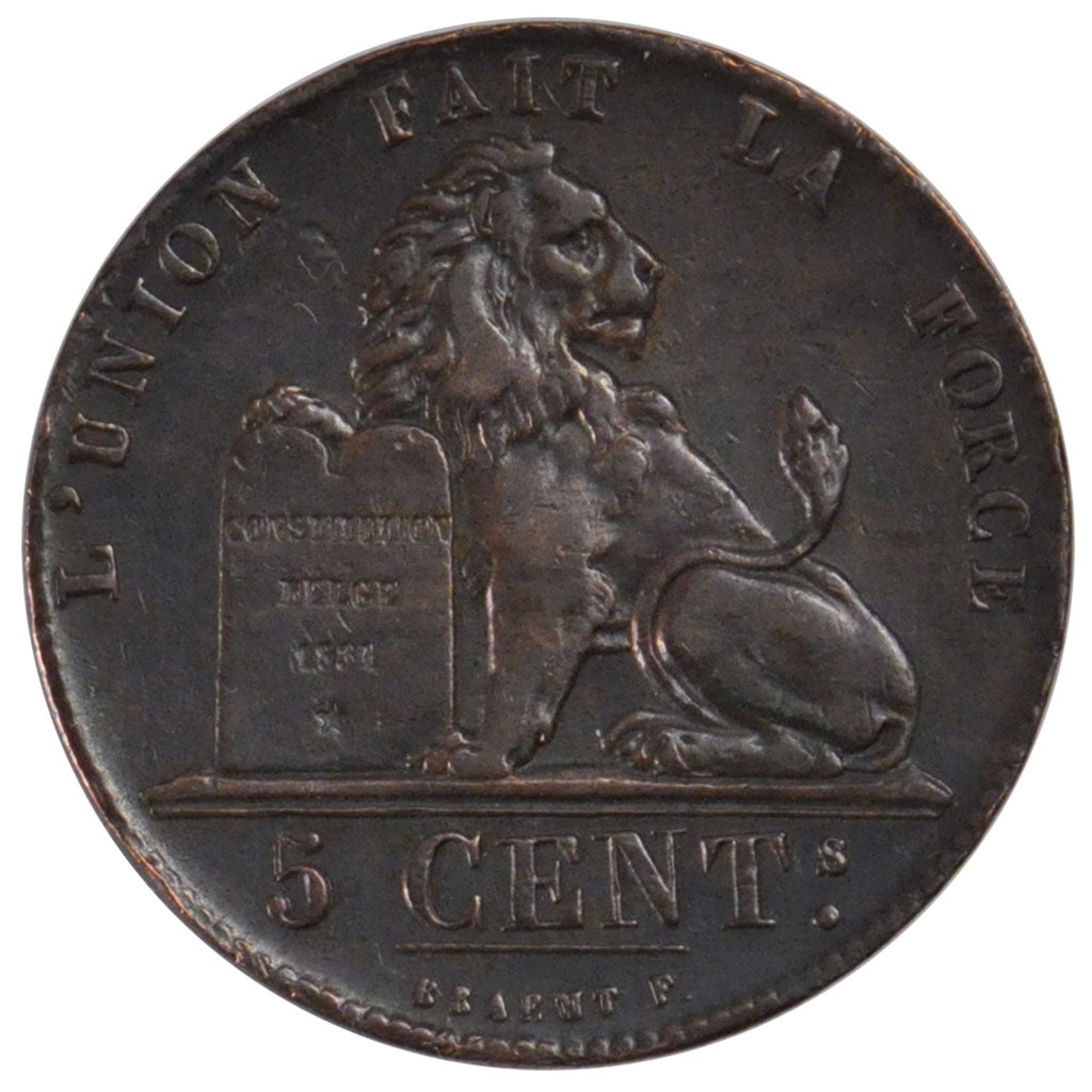 BELGIUM, 5 Centimes, 1851, KM #5.1, EF(40-45), Copper, 28.3, 10.06