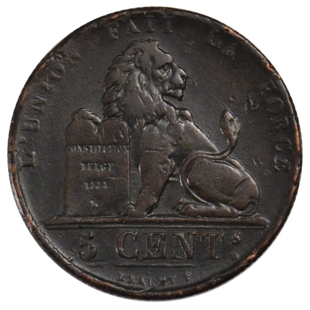 BELGIUM, 5 Centimes, 1855, KM #5.1, VF(20-25), Copper, 28.3, 9.56