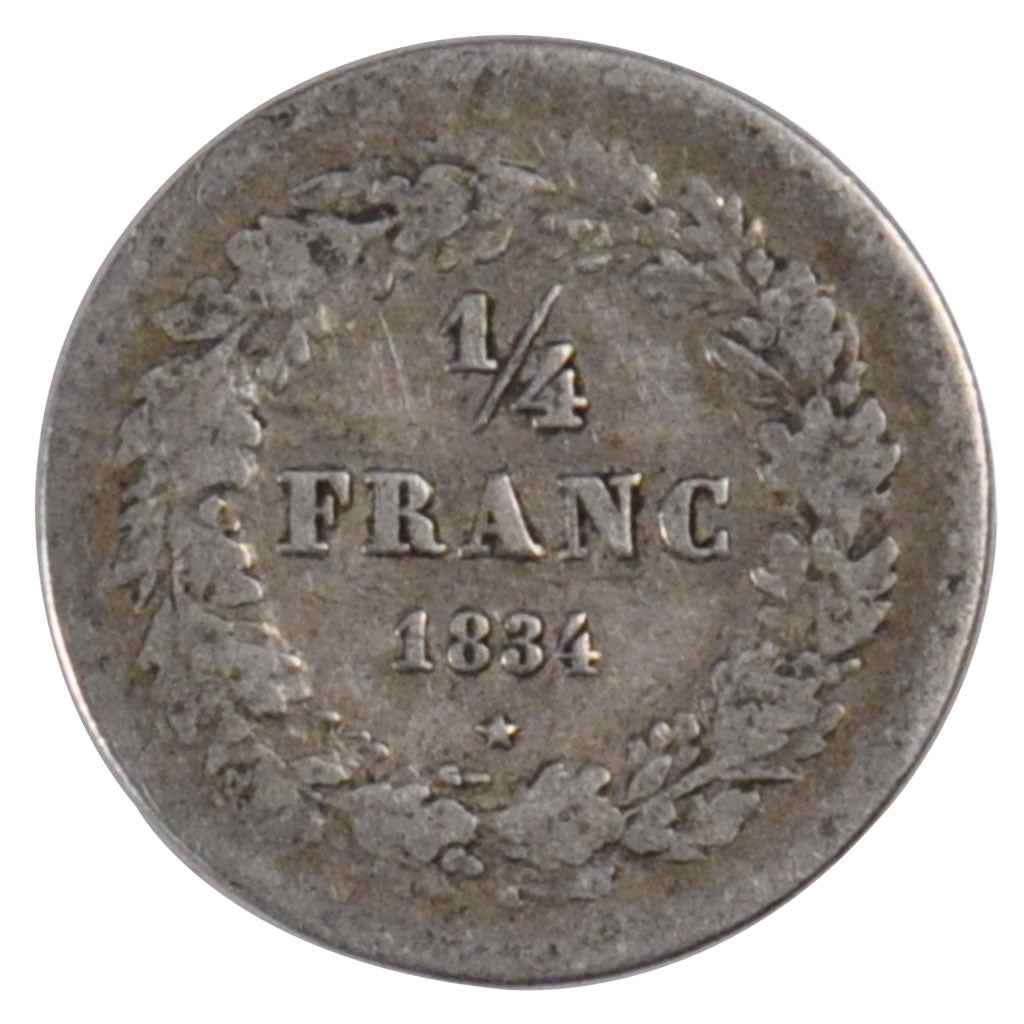 BELGIUM, 1/4 Franc, 1834, KM #8, VF(20-25), Silver, 1.21