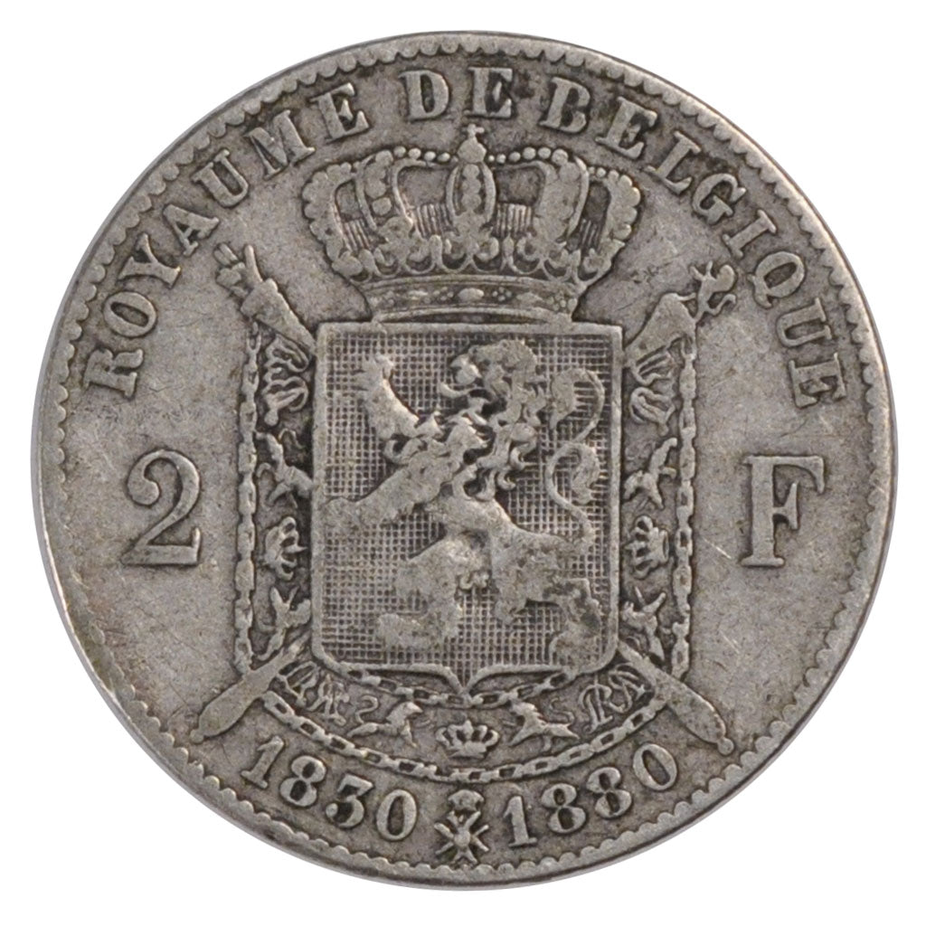 BELGIUM, 2 Francs, 2 Frank, 1880, KM #39, VF(30-35), Silver, 9.88