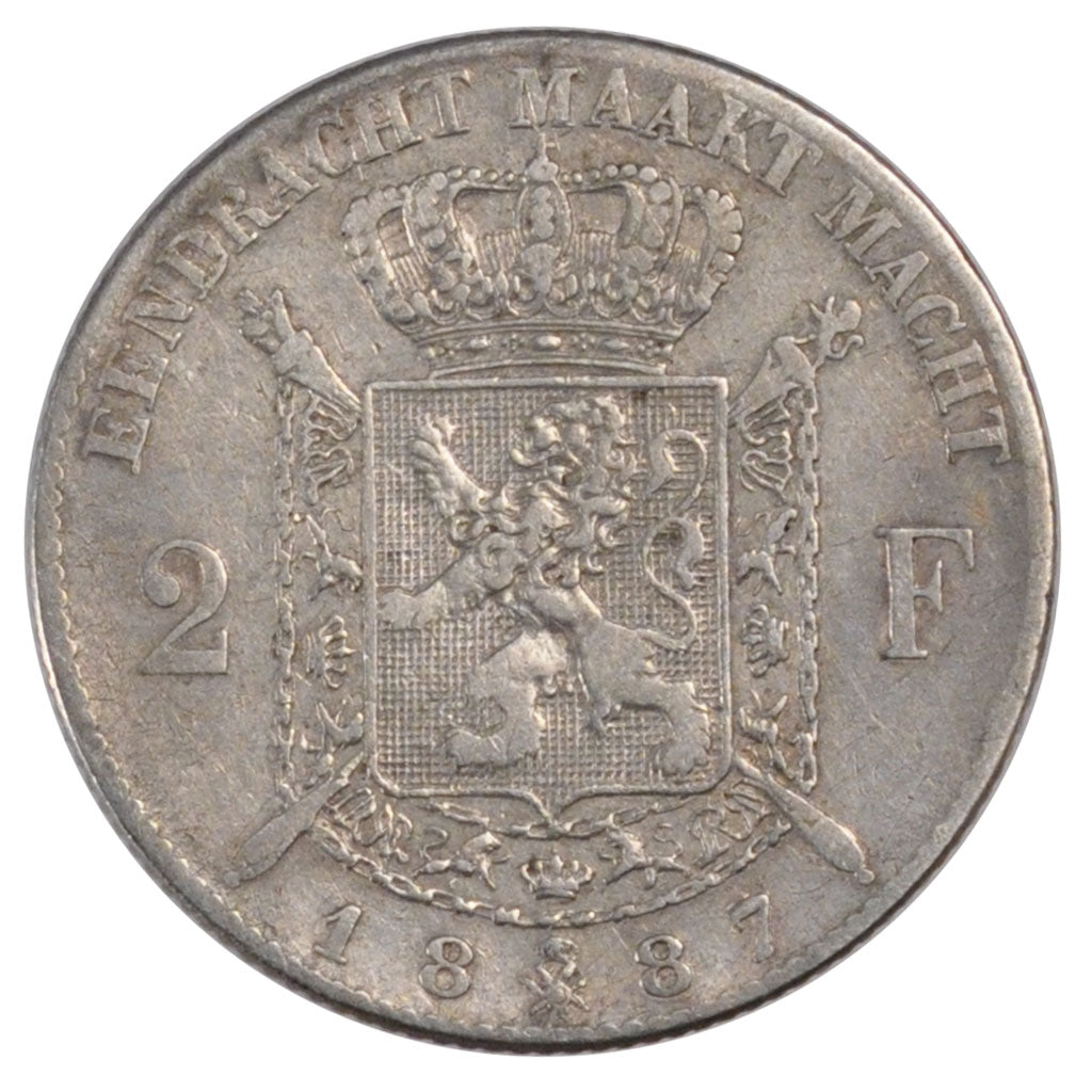 BELGIUM, 2 Francs, 2 Frank, 1887, KM #31, VF(30-35), Silver, 9.86