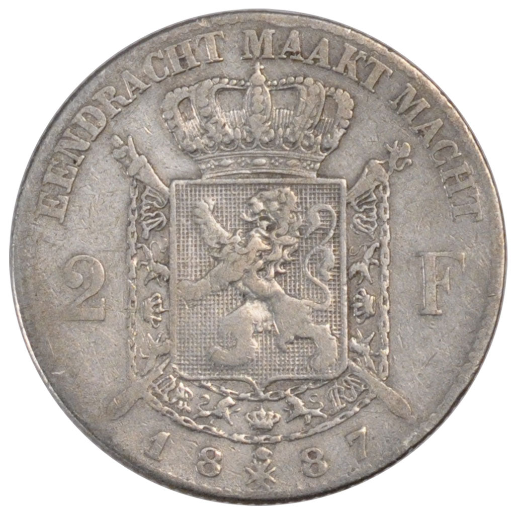 BELGIUM, 2 Francs, 2 Frank, 1887, KM #31, VF(20-25), Silver, 9.81