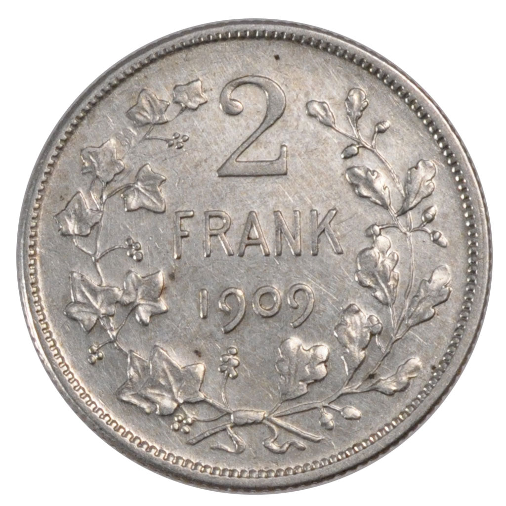 BELGIUM, 2 Francs, 2 Frank, 1909, KM #59, AU(50-53), Silver, 9.99