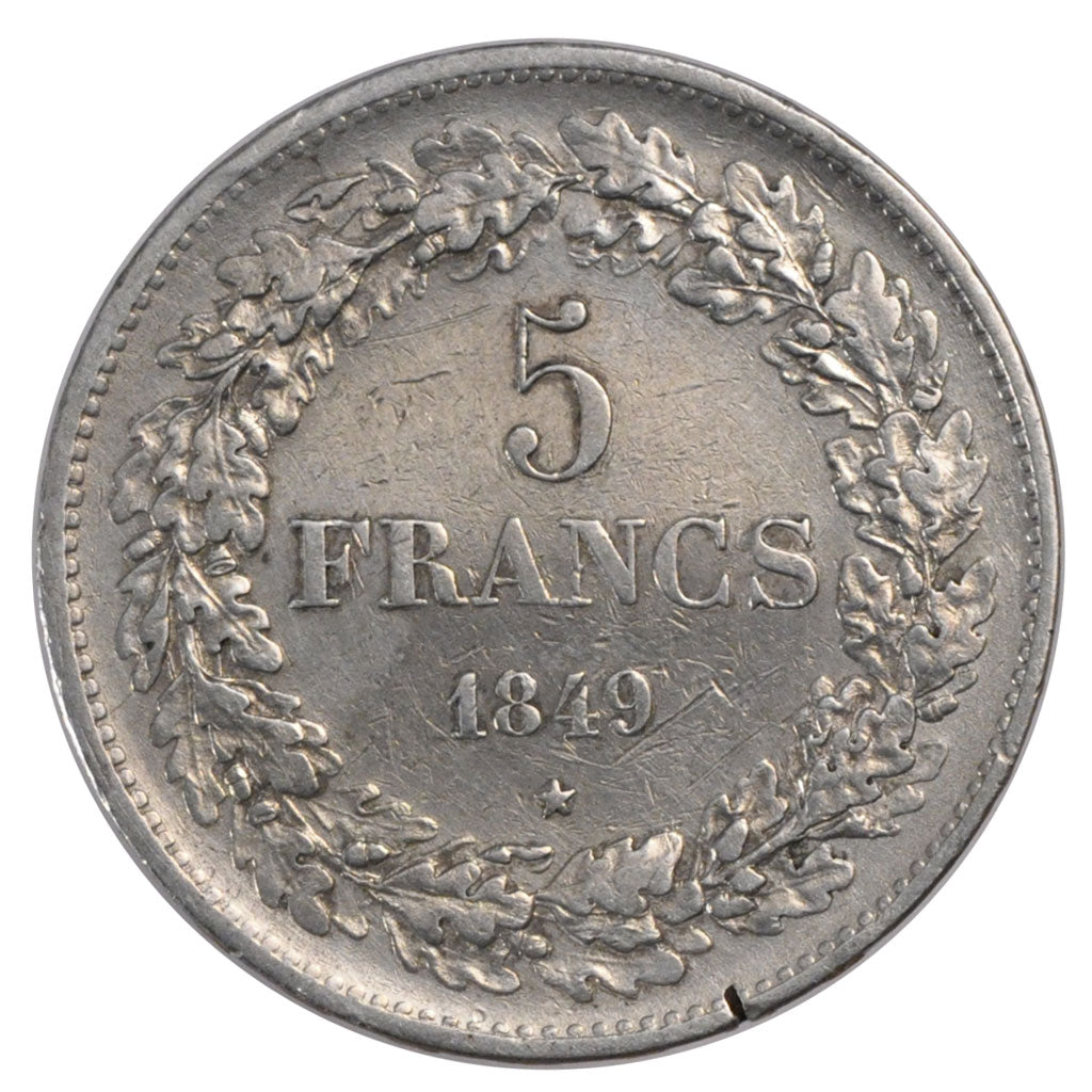 BELGIUM, 5 Francs, 5 Frank, 1849, KM #3.2, EF(40-45), Silver, 24.96
