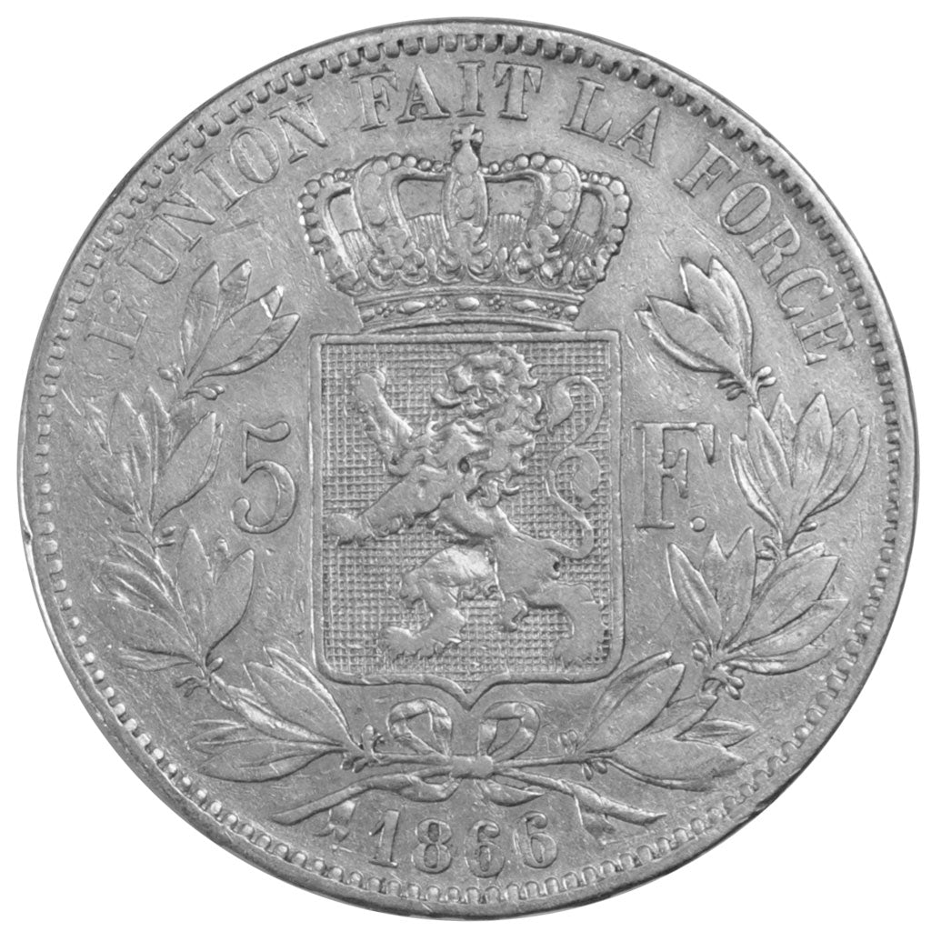 BELGIUM, 5 Francs, 5 Frank, 1866, KM #24, VF(30-35), Silver, 24.77
