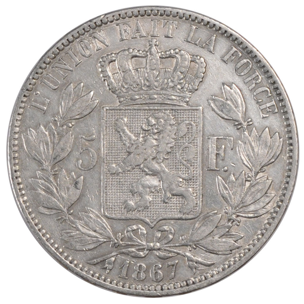 Belgio, 5 Francs, 1867, BB, Argento, KM:24