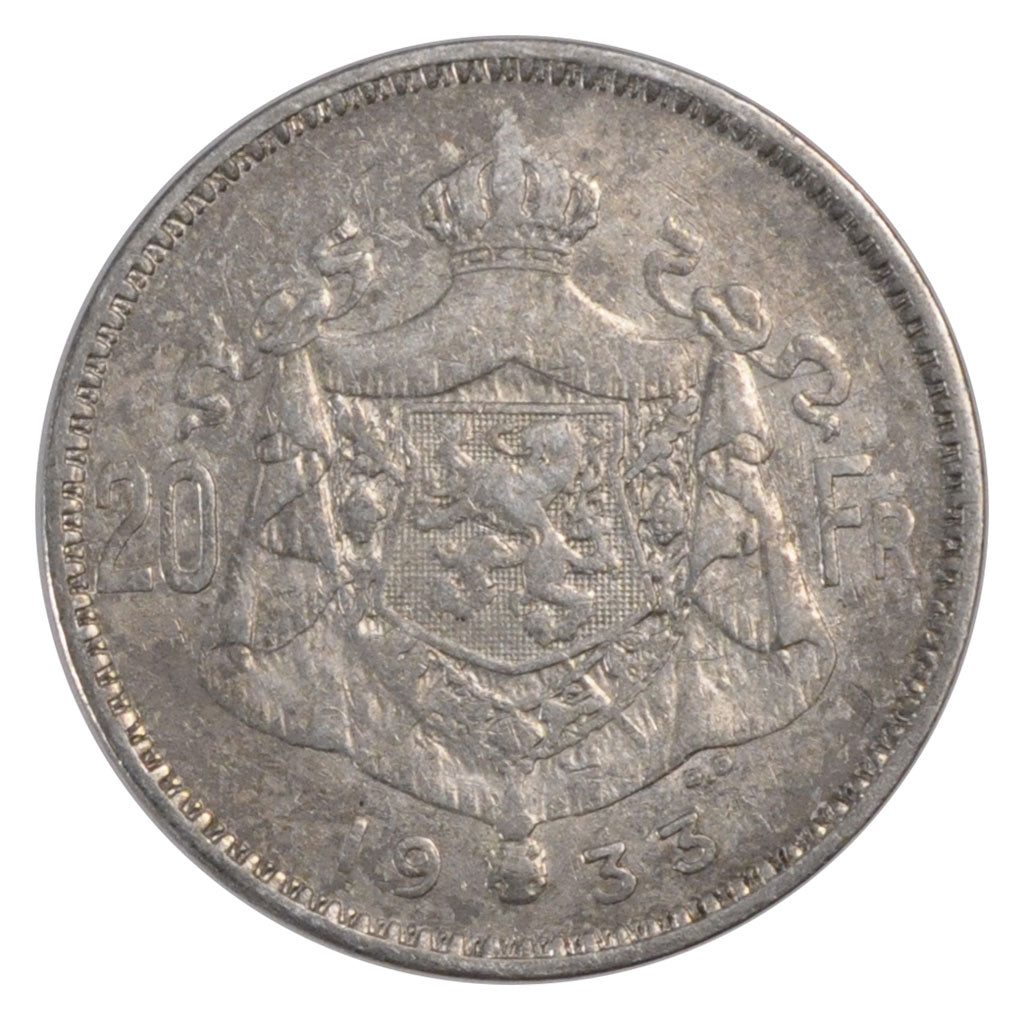 BELGIUM, 20 Francs, 20 Frank, 1933, KM #103.1, EF(40-45), Silver, 11.04
