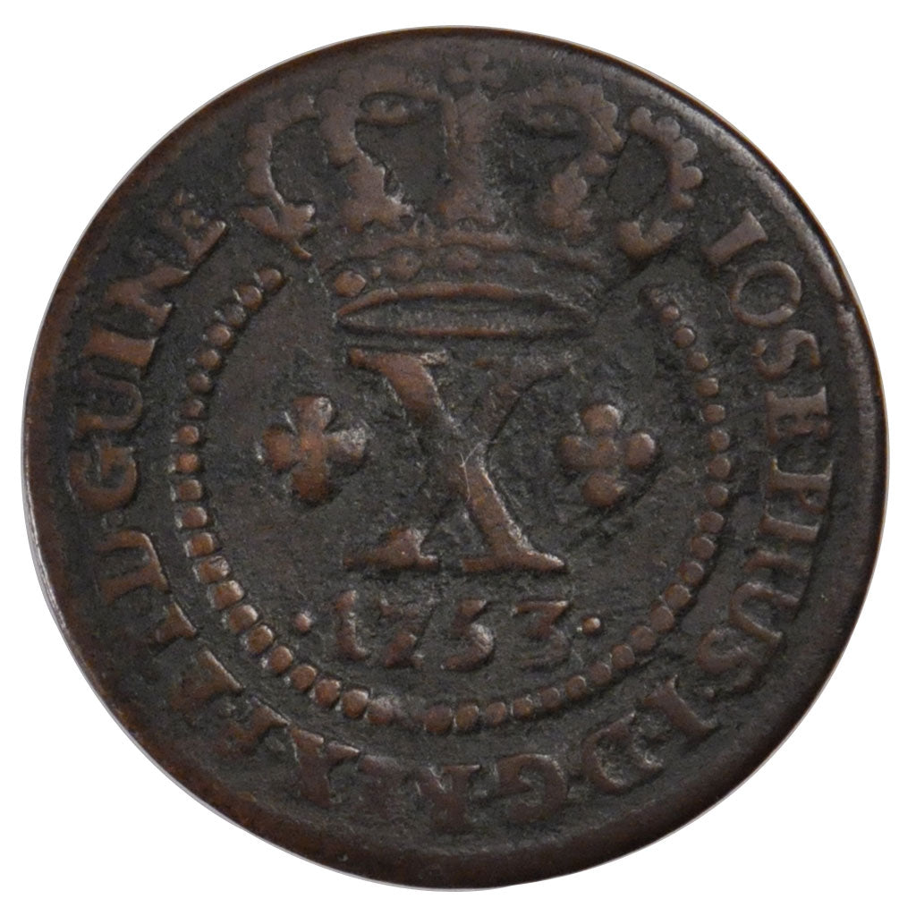 BRAZIL, 10 Reis, 1753, Lisbon, KM #174.1, VF(20-25), Copper, 7.59
