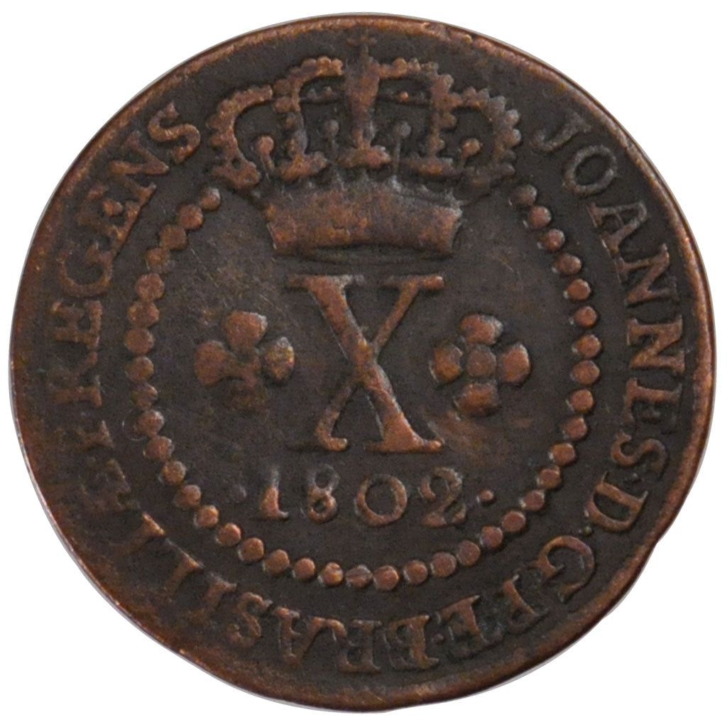 BRAZIL, 10 Reis, 1802, Lisbon, KM #232.1, EF(40-45), Copper, 3.03