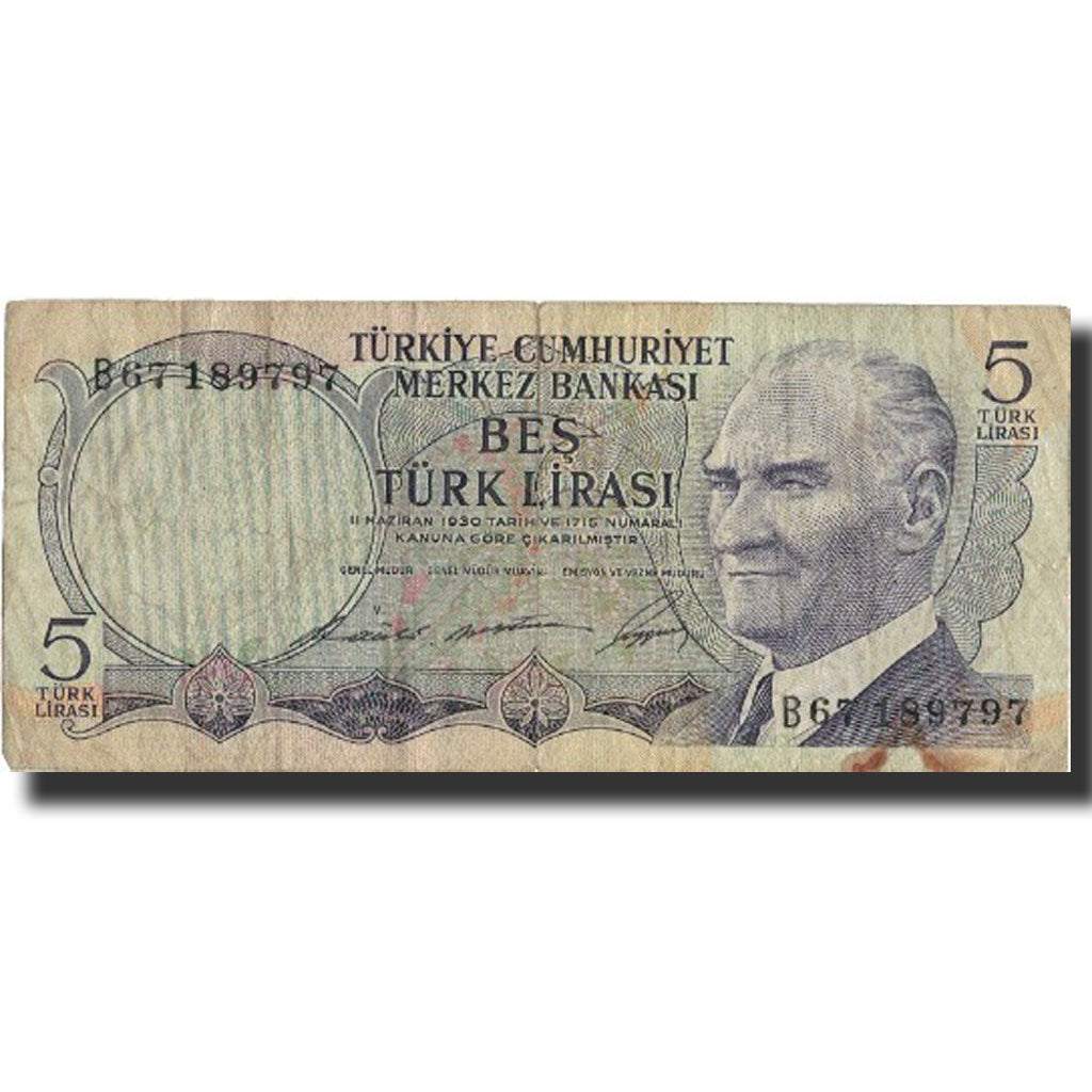 Biljet, Turkije, 5 Lira, 1968, 1968-01-08, KM:179, TB