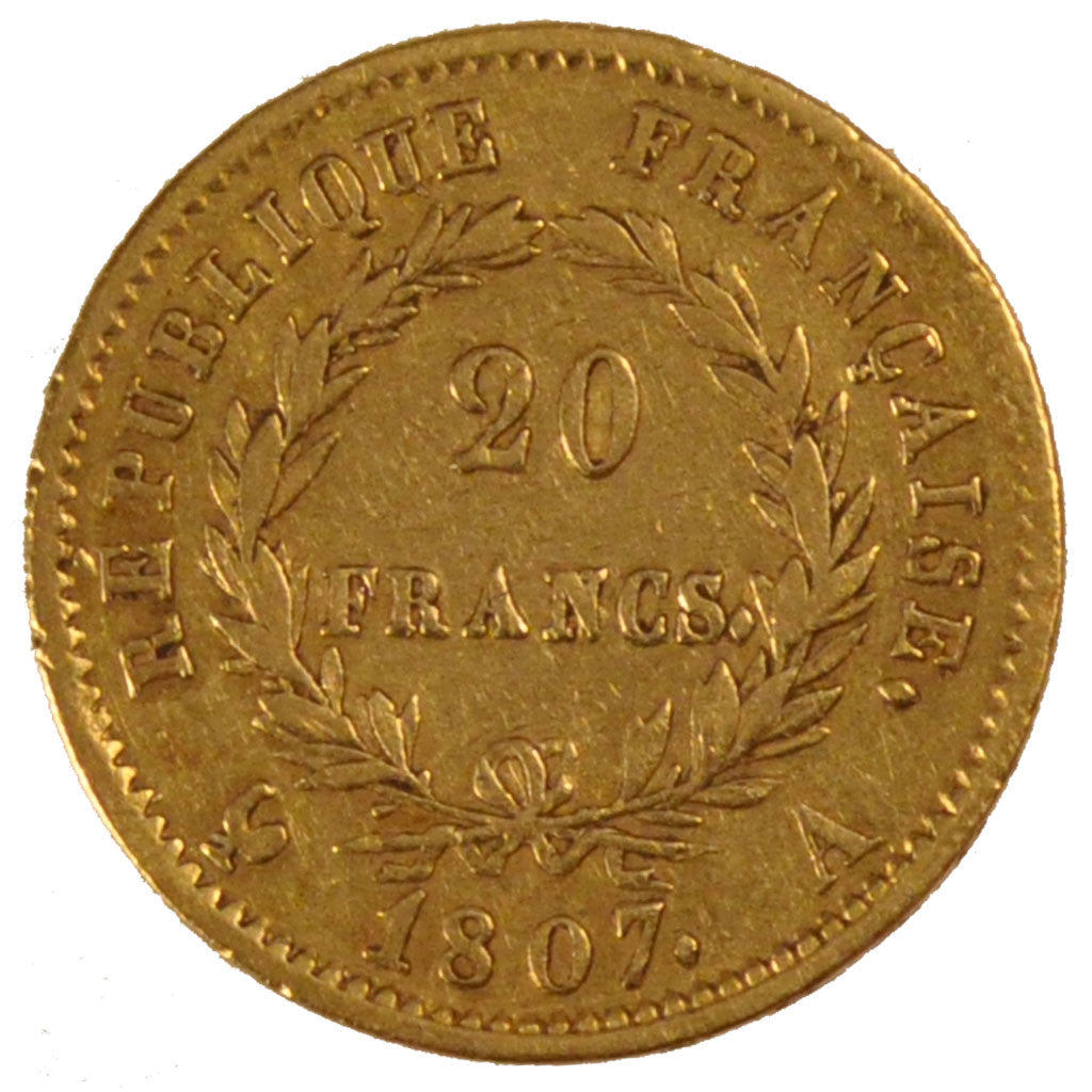 FRANCE, Napoléon I, 20 Francs, 1807, Paris, KM #687.1, EF(40-45), Gold, Gadoury 
