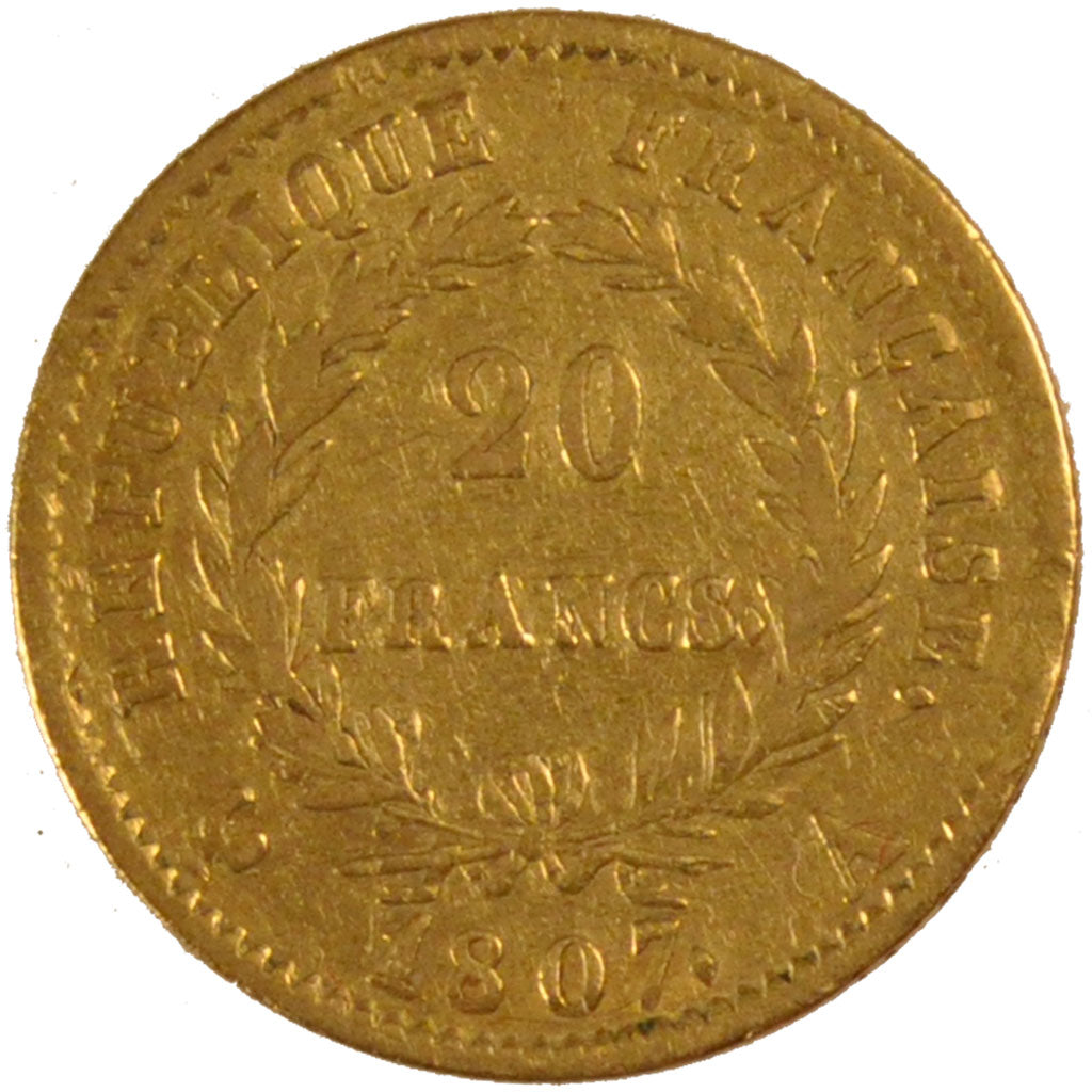 FRANCE, Napoléon I, 20 Francs, 1807, Paris, KM #687.1, VF(30-35), Gold, Gadoury 