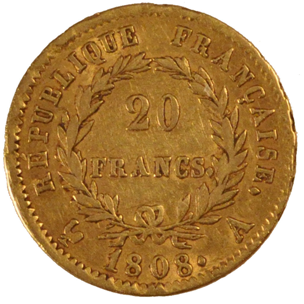 Moneda, Francia, Napoléon I, 20 Francs, 1808, Paris, MBC, Oro, KM:687.1
