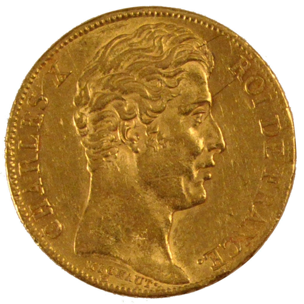 FRANCE, Charles X, 20 Francs, 1825, Paris, KM #726.1, AU(50-53), Gold, Gadoury..