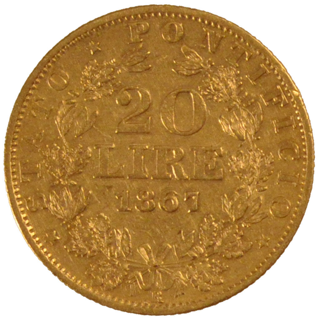 ITALIAN STATES, 20 Lire, 1867, Roma, KM #1382.2, AU(50-53), Gold, 6.41