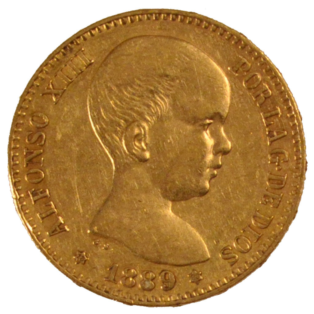 SPAIN, 20 Pesetas, 1889, Madrid, KM #693, AU(50-53), Gold, 6.41